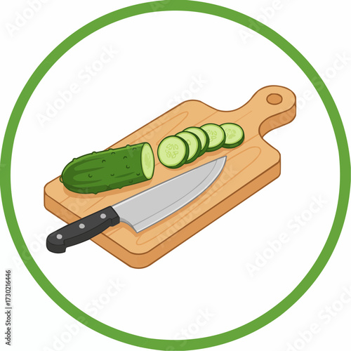 Fresh cucumber sliced on wooden cutting board with chef knife vector illustration