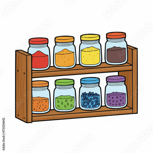 Wooden spice rack with eight jars of assorted spices and seasonings