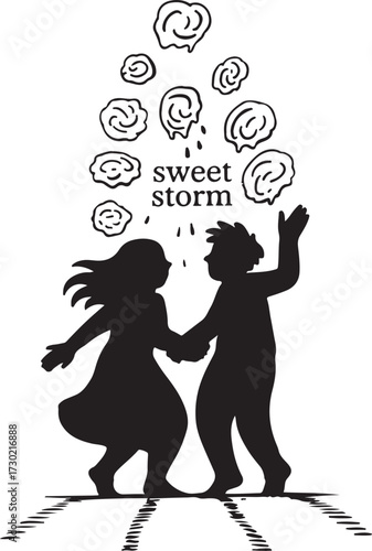 Joyful young couple dancing under a sweet storm of swirling designs and text 'sweet storm' vector