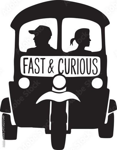 Silhouetted tuk-tuk with "fast & curious" text featuring two passengers traveling together on an adventure vector