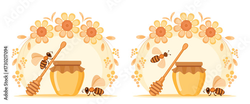 A jar of honey and a spoon, bees, and flowers. A set of vector illustrations in a childish style for advertising banners, packaging, honey labels, and children's projects.