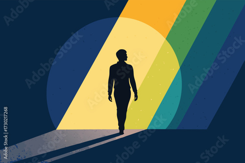 Silhouette of a person walking into a spotlight with colorful beams.