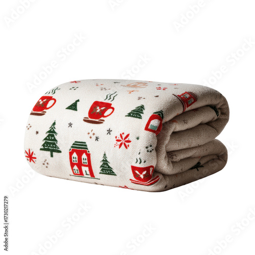Folded winter holiday blanket with christmas trees and cocoa cups