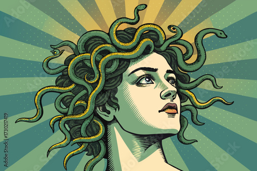 Medusa with snakes for hair gazes upwards against a sunburst background.
