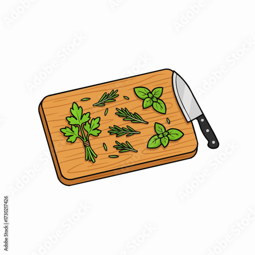Fresh herbs chopped on cutting board with knife vector illustration scalable graphic