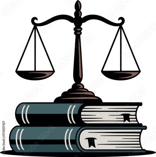 Symbol of justice and knowledge, scales of balance over stacked law books.