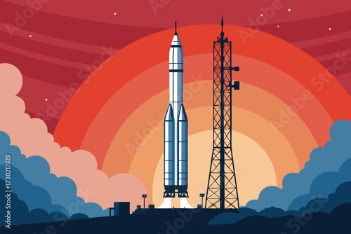 A rocket is about to launch from a launchpad with colorful sky.