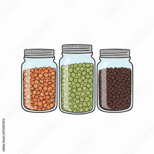 Vector illustration of three mason jars filled with assorted dried foodstuffs
