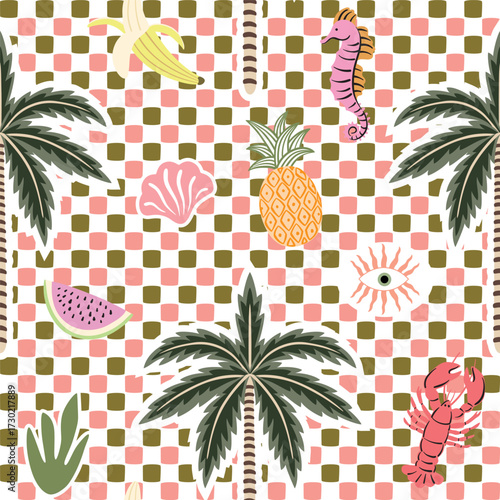 Palm, lobster, sea horse, eye, pineapple, watermelon, banana seamless pattern, checkered background. Summer print.