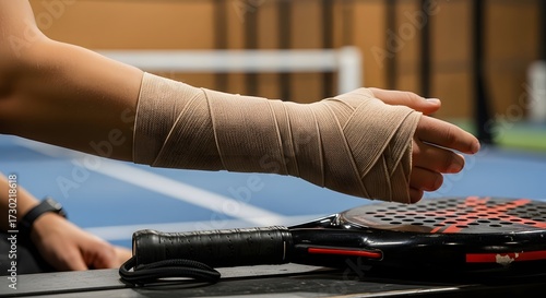 Arm Wrapped with Sports Bandage After Padel Injury