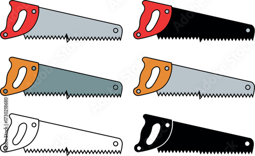 Set of colorful and black and white hand saws, illustrating tools for carpentry and DIY projects.