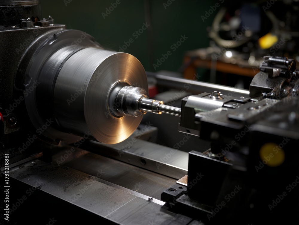Fototapeta premium Lathe machine turning metal part in industrial workshop