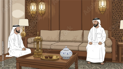 Two men in traditional Arab attire seated in a richly decorated room, engaged in conversation.