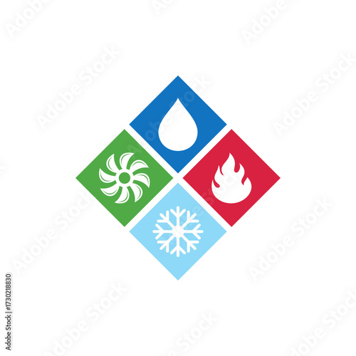 A diamond-shaped logo with four colored squares: a blue water drop, green fan, red flame, and light blue snowflake.