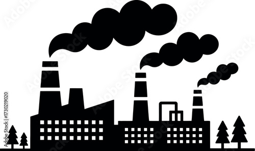 Industrial factory silhouette emitting dark smoke into the sky, symbolizing pollution and environmental impact.