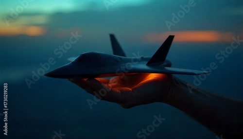Futuristic stealth fighter jet model held gently in hand illuminated by warm orange glow against dramatic twilight sky