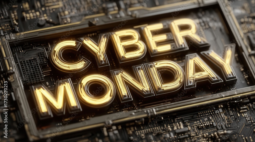 Obraz premium cyber monday Cyber Monday promotional graphic on a circuit board background.