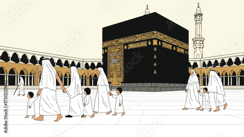 Pilgrims in white ihram attire, including children, walk around the Kaaba, a sacred cubic structure, during Hajj or Umrah, with a minaret visible in the background.