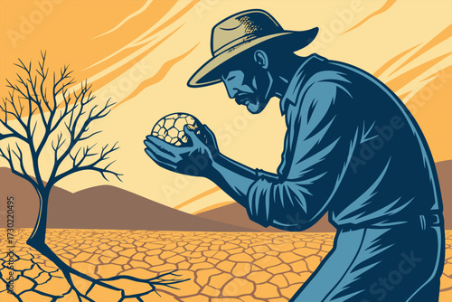 A farmer holds a dry, cracked seed in a barren, drought-stricken landscape.