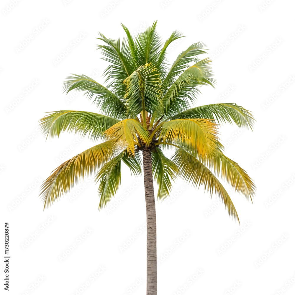 Obraz premium Coconut palm tree isolated on transparent background, tropical plant with green leaves