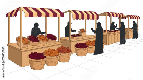 A vibrant outdoor market scene with vendors displaying baskets of colorful fruits and goods under striped awnings, with customers interacting.