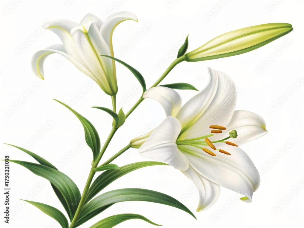 Obraz premium Detailed view of two elegant white lily flowers and a closed bud with green foliage on a stem against a white background