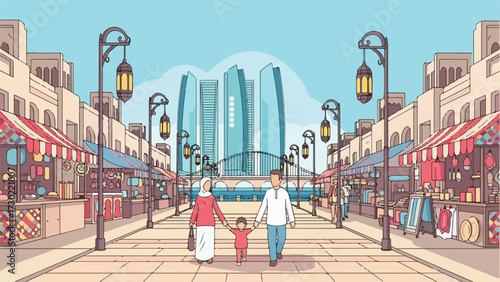 A family strolls hand-in-hand through a vibrant marketplace lined with stalls and traditional lanterns, with modern skyscrapers visible in the background under a clear sky.