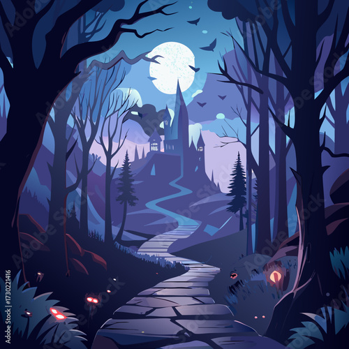 Enchanting castle path through a mysterious forest under a full moon