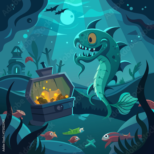 Underwater treasure chest guarded by a mythical sea monster