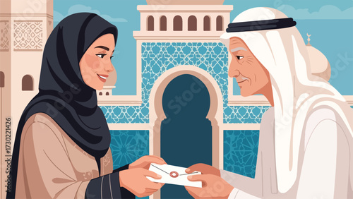 A smiling young woman in a hijab receives an envelope from an elder man in traditional attire, with ornate Islamic architecture in the background.