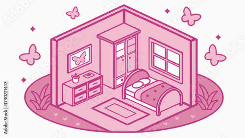 Pink isometric room features bed, wardrobe, bedside table, window, butterflies, and stars