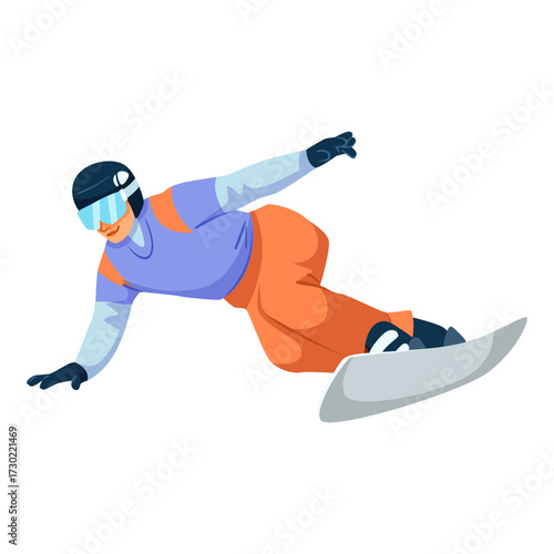 Snowboarder in motion wearing helmet and goggles, flat graphic style, isolated on white background. Concept of winter sport action. Vector illustration
