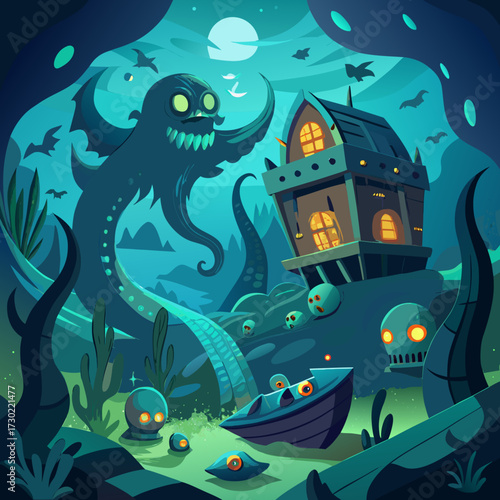 Spooky underwater monster attacks haunted house and boat