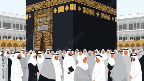 A diverse crowd of people in traditional Islamic attire gather around the Kaaba, a cube-shaped building draped in black, adorned with gold, in a grand courtyard.