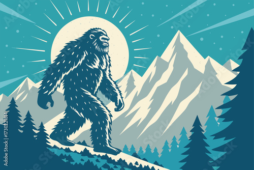 Illustration of a Bigfoot walking in a snowy mountain landscape under a bright sun.
