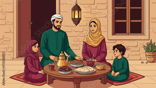 A Muslim family gathers around a table laden with food, sharing a meal together in a warm, inviting setting, likely during a religious observance.