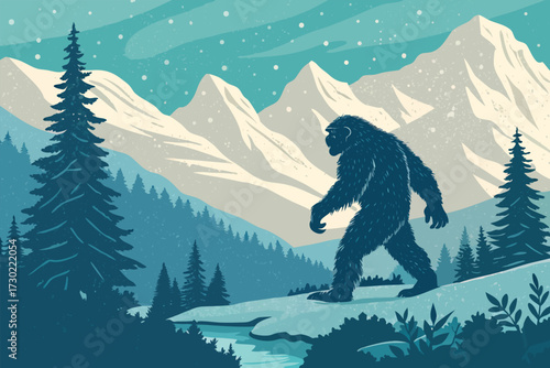 Bigfoot walks through a snowy mountainous forest landscape.