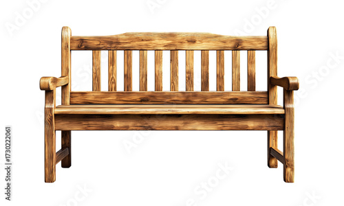 Rustic wooden bench with slatted back, armrests, and warm honey-toned grain, sized for two-person seating.