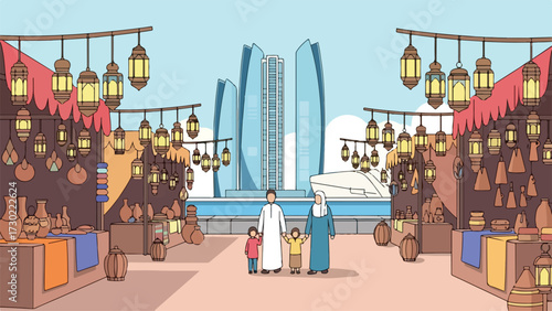 A family dressed in traditional attire stands in a vibrant marketplace filled with decorative lanterns and pottery, with modern skyscrapers in the background.