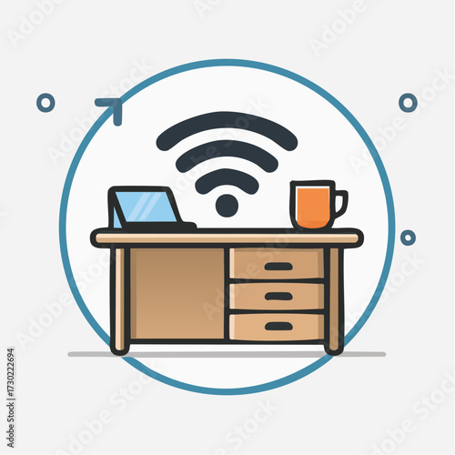 Illustration of a desk with a laptop, coffee mug, and WiFi symbol, inside a circular frame.