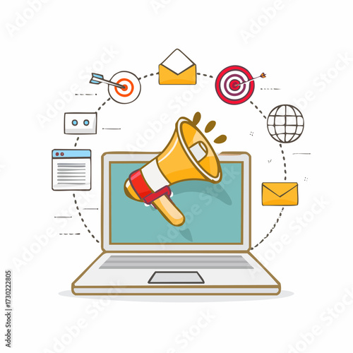 Illustration of a laptop displaying a megaphone, surrounded by icons representing targets, emails, a browser window, and a globe, suggesting online marketing or communication.
