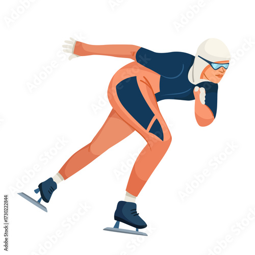 Speed skater in dynamic pose wearing a racing suit and helmet, flat art style on a white background. Concept of winter sports and competition. Vector illustration
