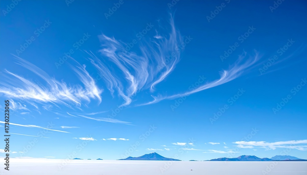 Fototapeta premium Wispy, white cirrus clouds streak across a vibrant blue sky above a vast, flat, white salt flat and distant mountains