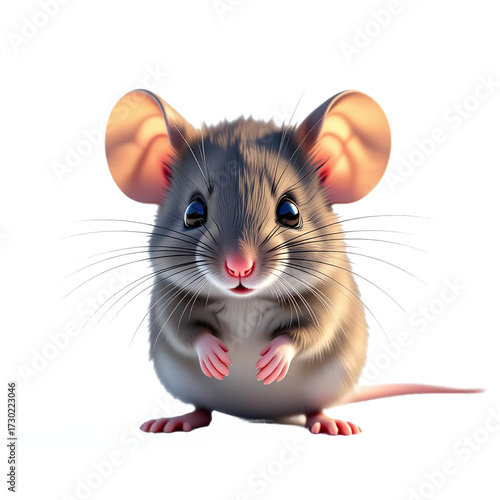 Cute realistic mouse illustration with large ears and detailed features on transparent background