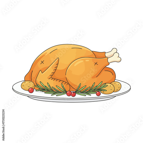 Illustration of a roasted turkey on a platter with garnishes.