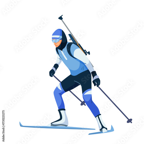 Athlete skiing with rifle on back in flat graphic style on white background. Concept of winter biathlon sport and competition. Vector illustration