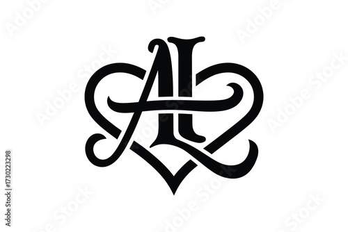 Black and white illustration of a monogram with the letters a and l intertwined