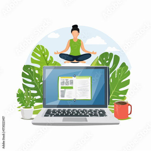 Woman meditating in lotus position above a laptop, surrounded by plants and a coffee mug, illustrating relaxation and work-life balance.