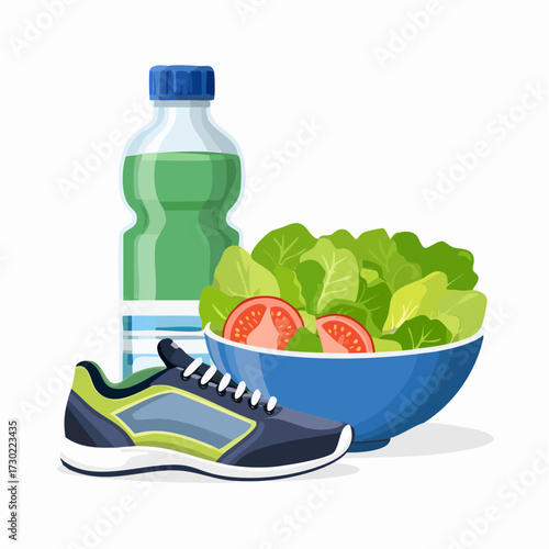 Illustration of a healthy lifestyle featuring a sports shoe, a bottle of green liquid, and a bowl of fresh salad.