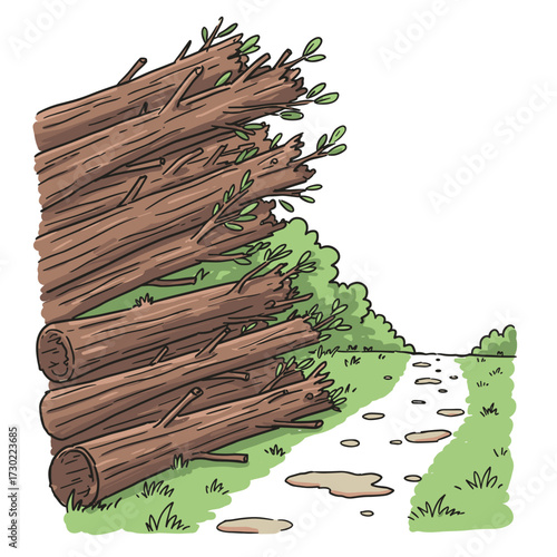 Log pile beside a muddy path in a green forest clearing  